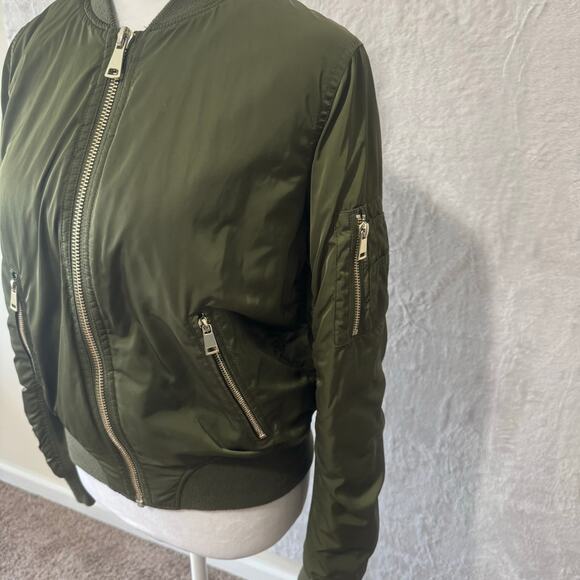 Topshop Women's Long Sleeve‎ Full Zip Bomber Jacket 2 Green Pockets Lined - Picture 4 of 13